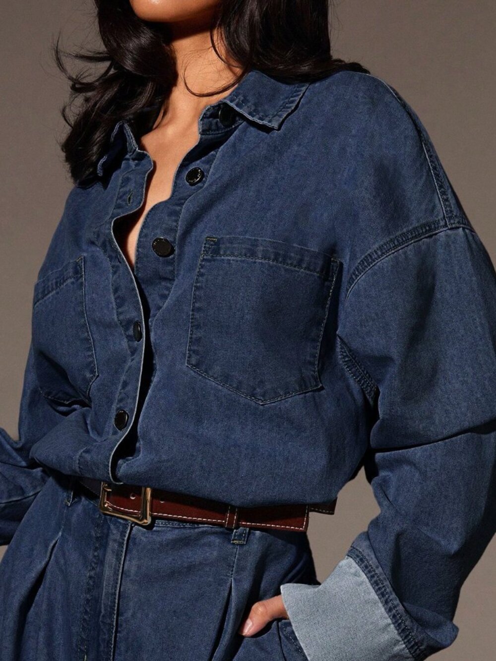 Dark Wash Casual Women's Denim Pocket Long Sleeve Denim Jumpsuit - Picture 5 of 5